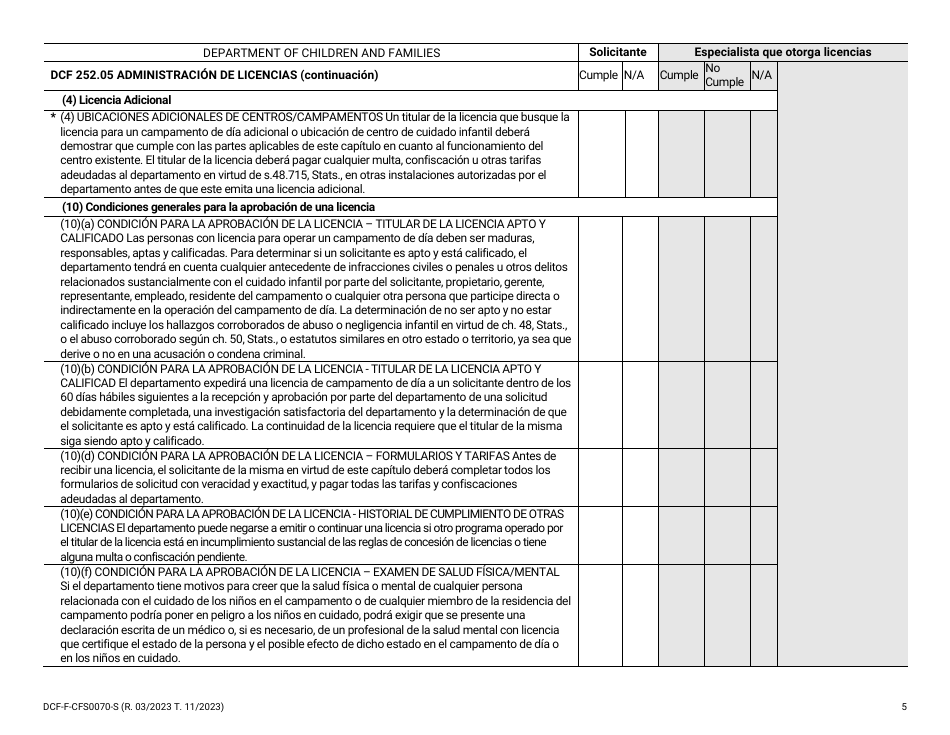 Formulario DCF-F-CFS0070-S Lista De Verificacion De La Licencia Inicial - Campamentos De Dia - Wisconsin (Spanish), Page 5