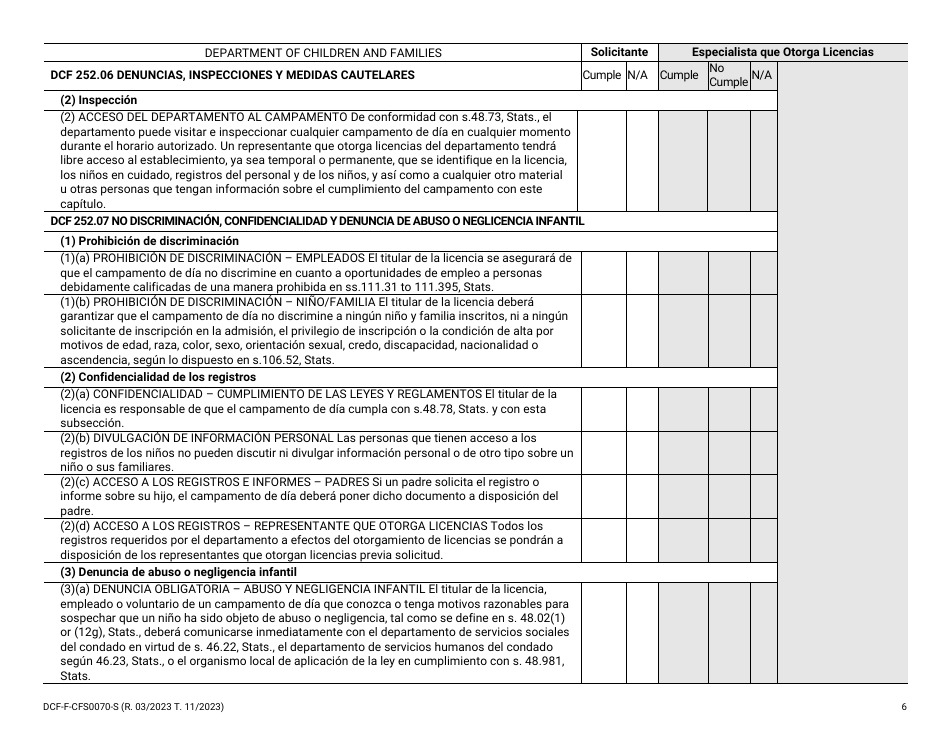 Formulario DCF-F-CFS0070-S Lista De Verificacion De La Licencia Inicial - Campamentos De Dia - Wisconsin (Spanish), Page 6