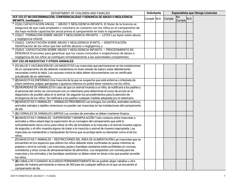 Formulario DCF-F-CFS0070-S Lista De Verificacion De La Licencia Inicial - Campamentos De Dia - Wisconsin (Spanish), Page 7