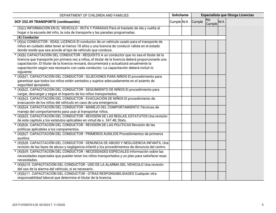 Formulario DCF-F-CFS0070-S Lista De Verificacion De La Licencia Inicial - Campamentos De Dia - Wisconsin (Spanish), Page 9