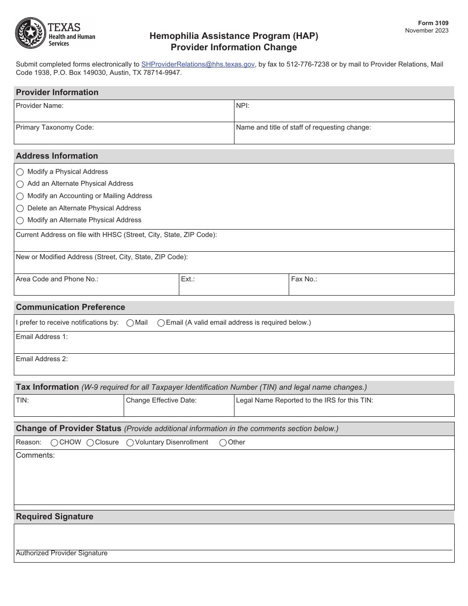 Form 3109 Hemophilia Assistance Program (Hap) Provider Information Change - Texas, Page 1