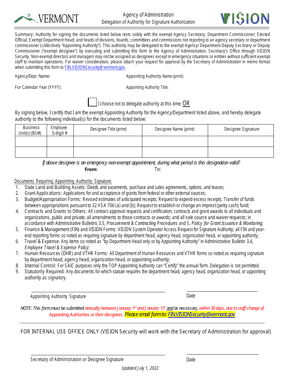 Vermont Delegation Of Authority For Signature Authorization Fill Out Sign Online And Download 5282