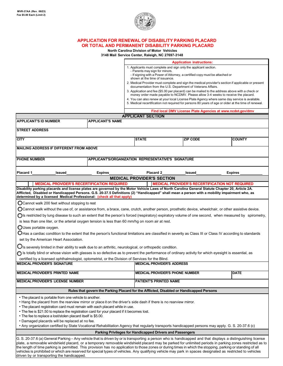 Form MVR-37AA Application for Renewal of Disability Parking Placard or Total and Permanent Disability Parking Placard - North Carolina, Page 1