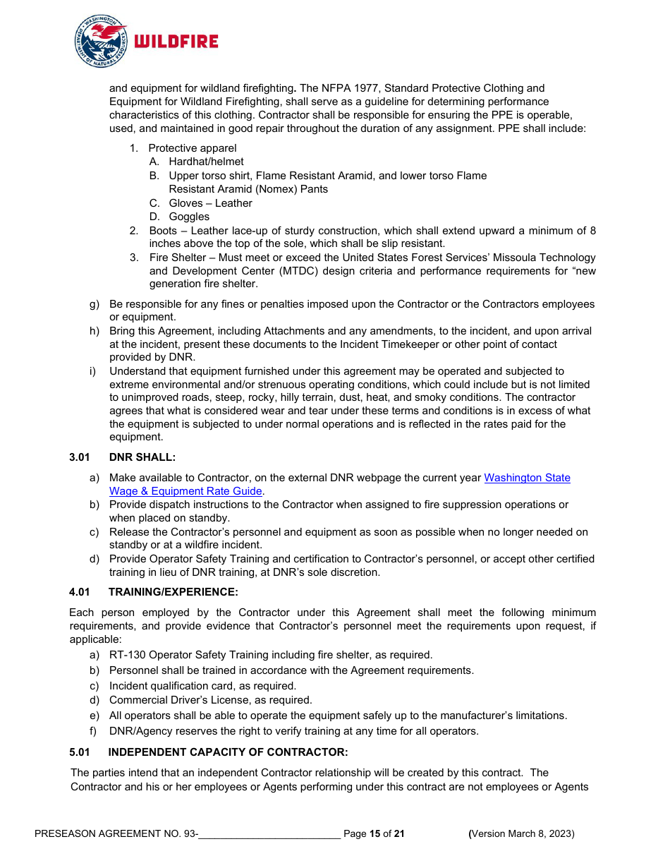 Pre-season Application and Agreement - Operations - Washington, Page 15