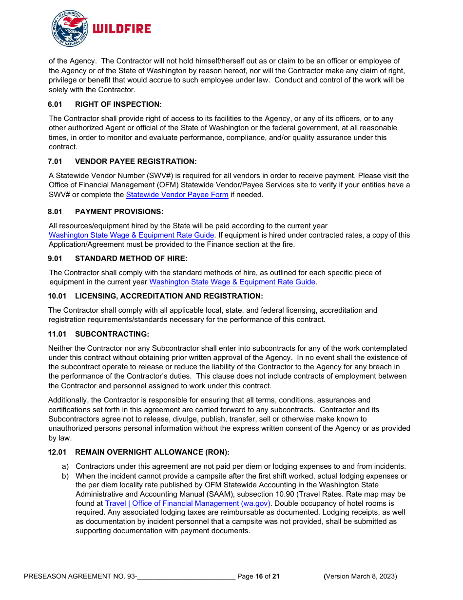 Pre-season Application and Agreement - Operations - Washington, Page 16