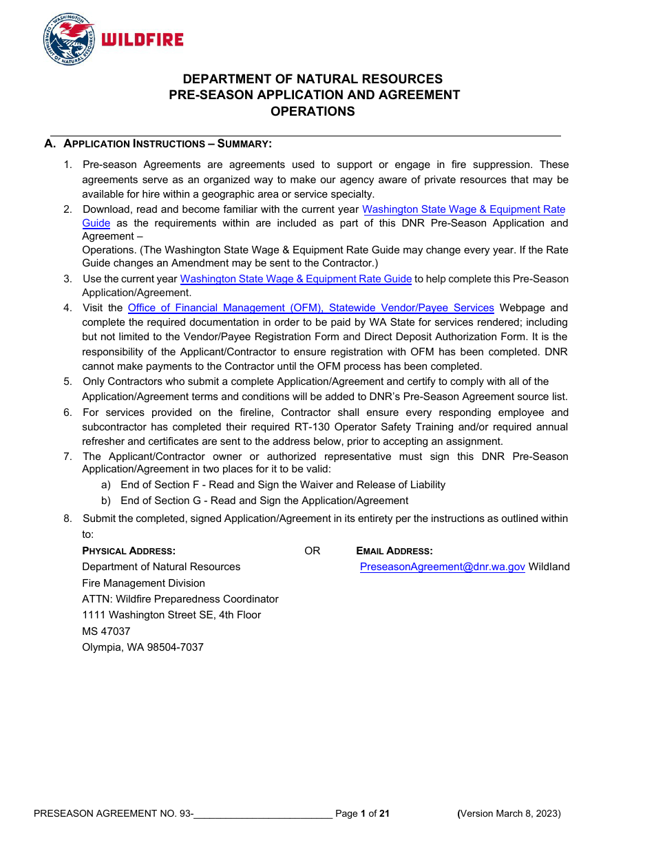 Pre-season Application and Agreement - Operations - Washington, Page 1