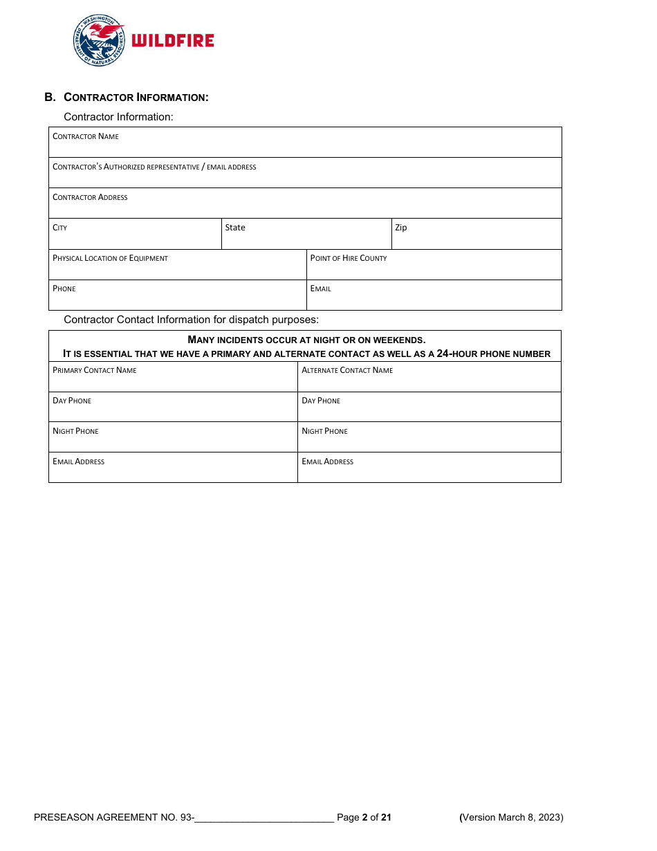 Pre-season Application and Agreement - Operations - Washington, Page 2