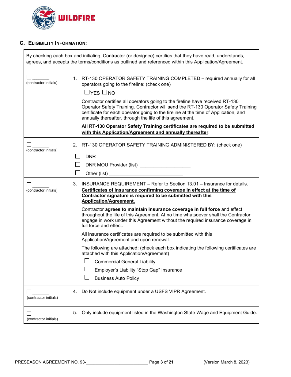 Pre-season Application and Agreement - Operations - Washington, Page 3