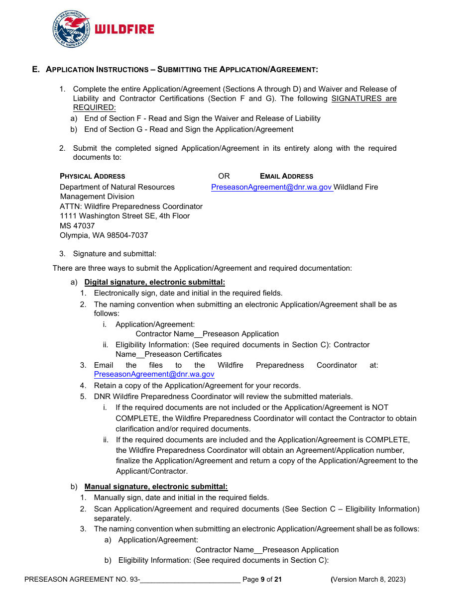 Pre-season Application and Agreement - Operations - Washington, Page 9