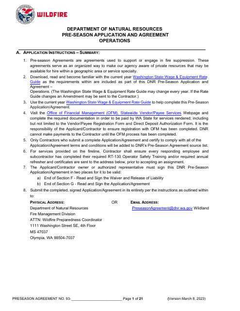 Pre-season Application and Agreement - Operations - Washington Download Pdf