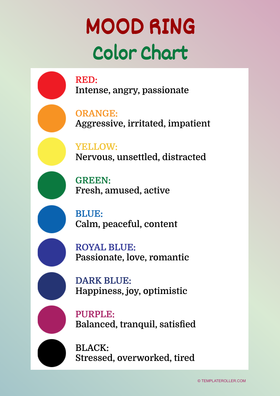 Mood Ring Color Chart - Varicolored, Page 1