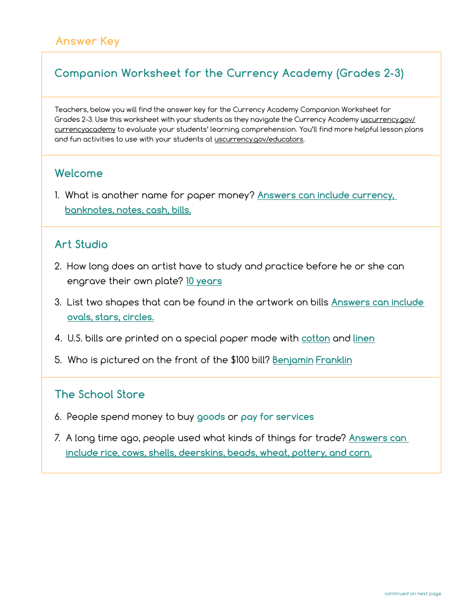 Currency Academy Companion Worksheets - U.S. Currency Education Program ...