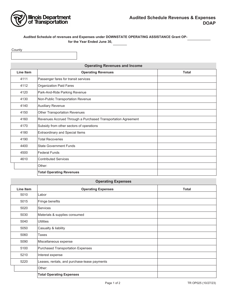 Form TR OP025 Audited Schedule Revenues  Expenses - Doap - Illinois, Page 1