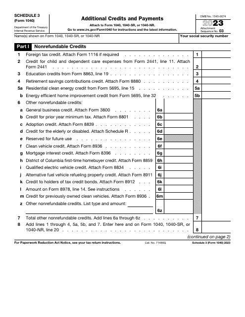 IRS Form 1040 Schedule 3 2023 Printable Pdf