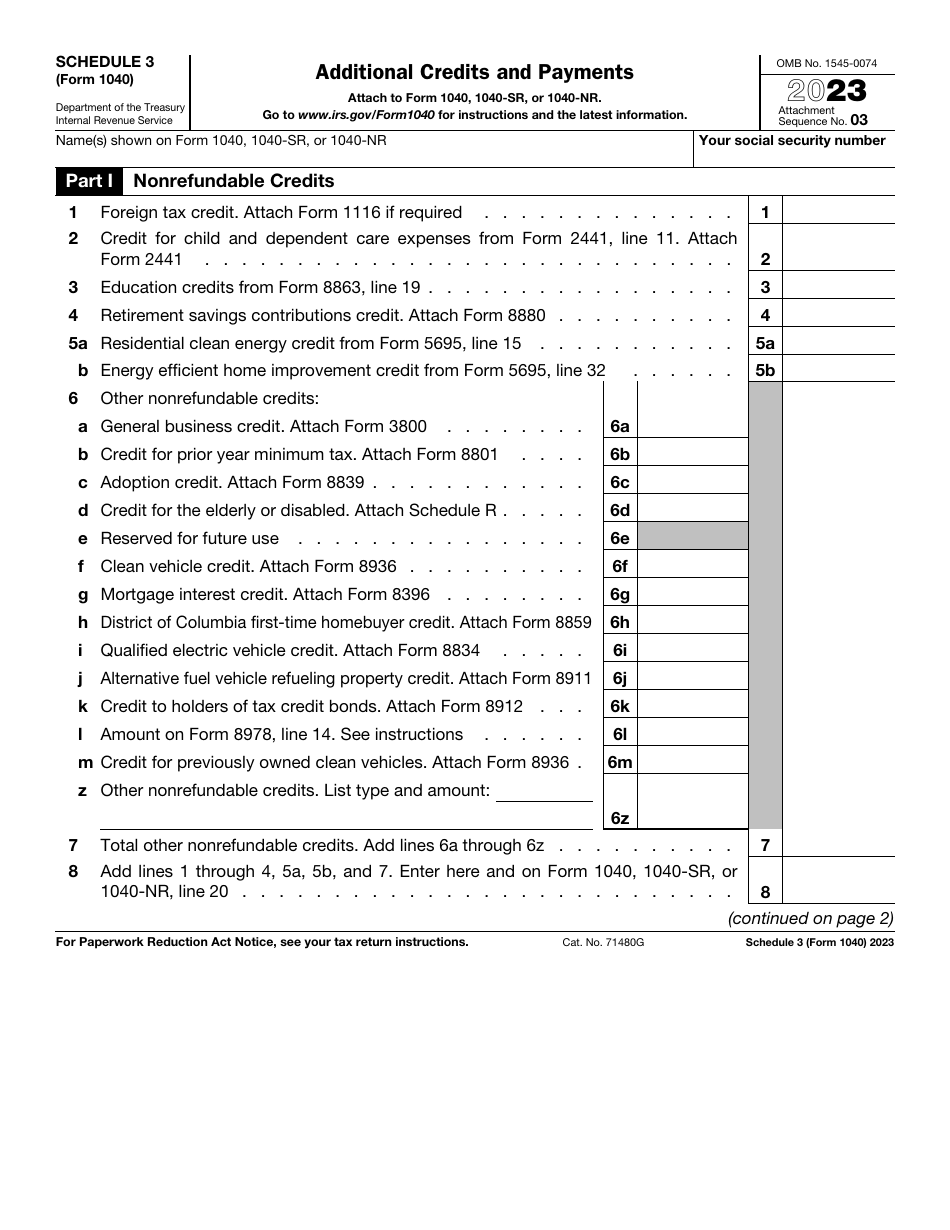 IRS Form 1040 Schedule 3 Additional Credits and Payments, Page 1