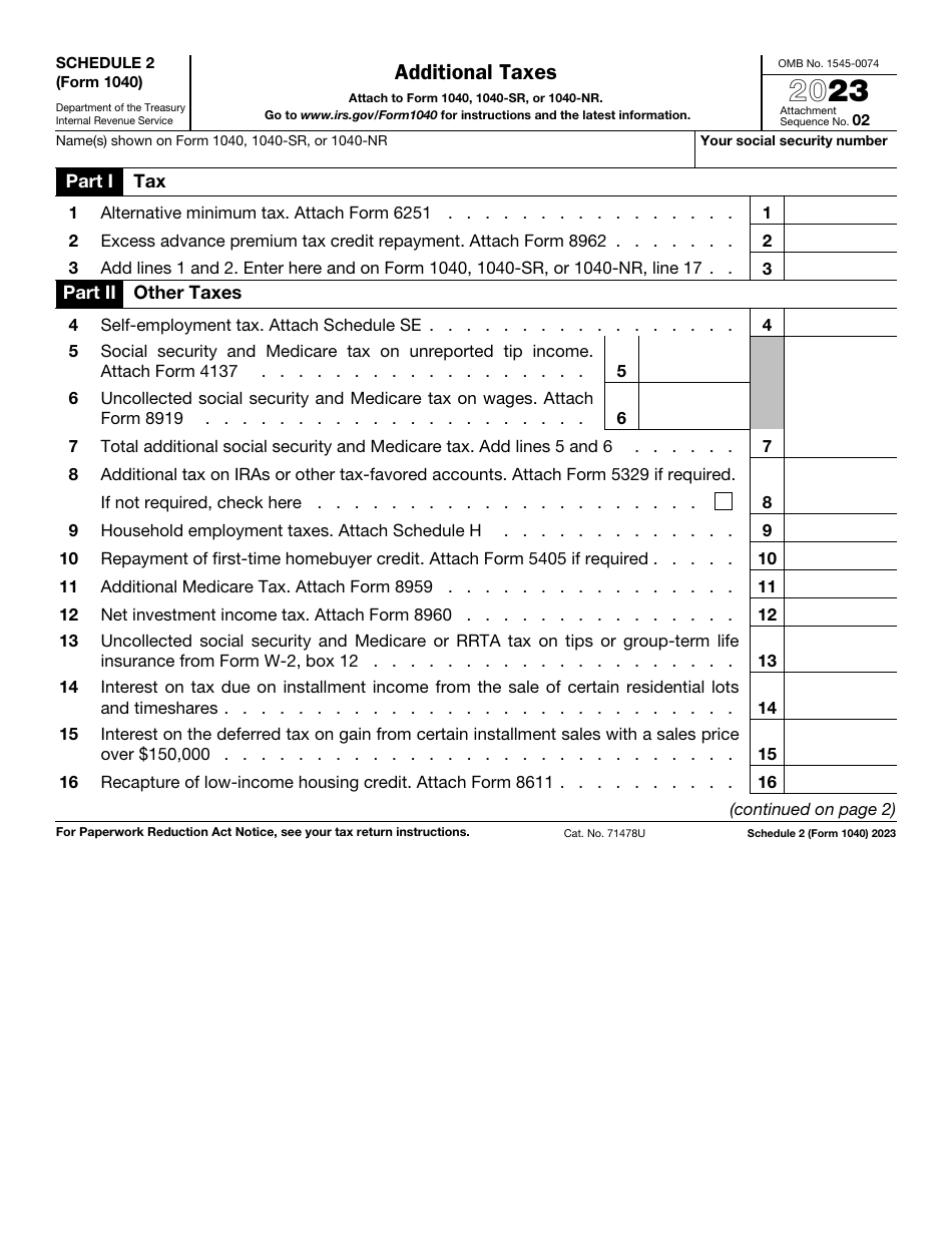 IRS Form 1040 Schedule 2 Additional Taxes, Page 1