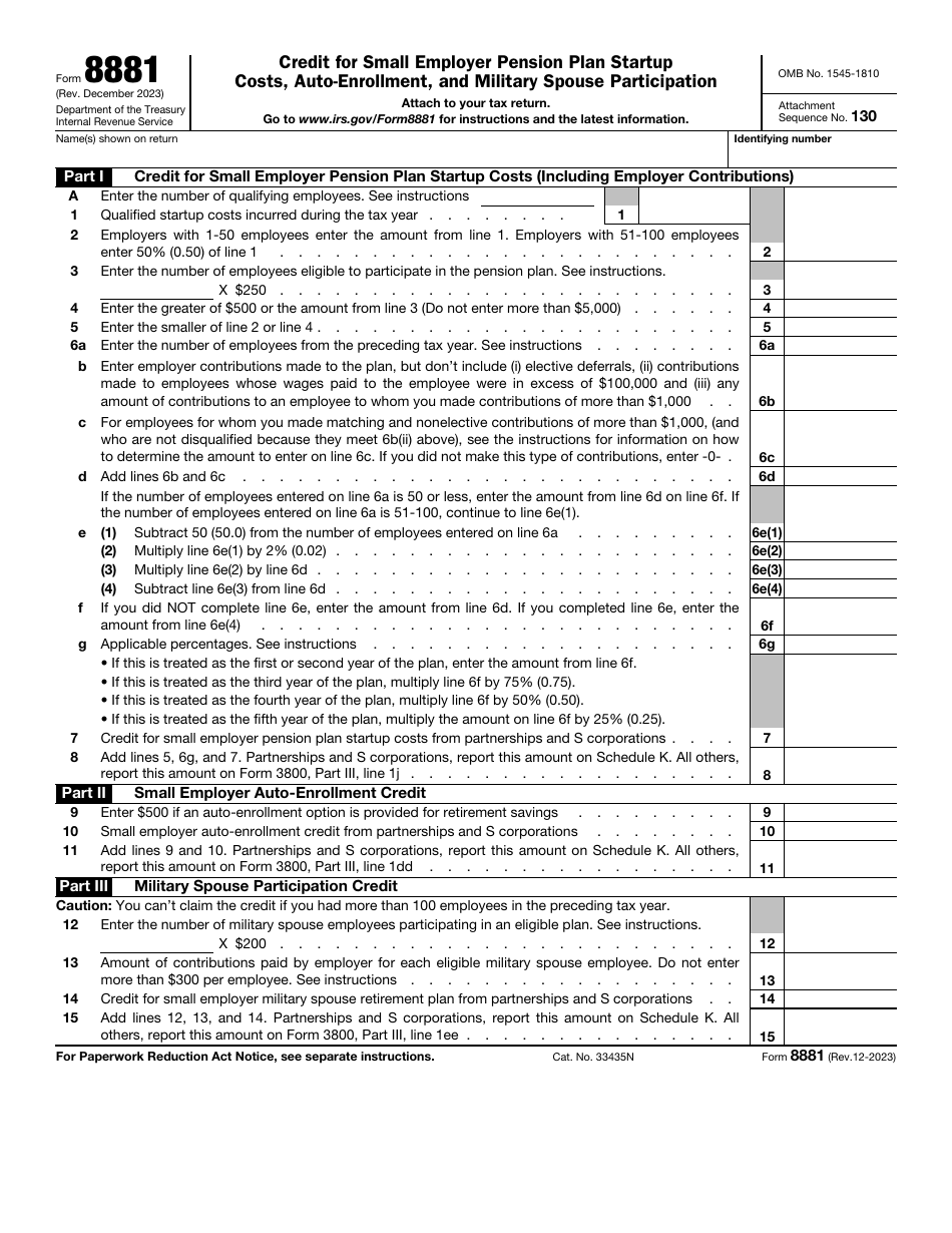IRS Form 8881 Credit for Small Employer Pension Plan Startup Costs, Auto-enrollment, and Military Spouse Participation, Page 1