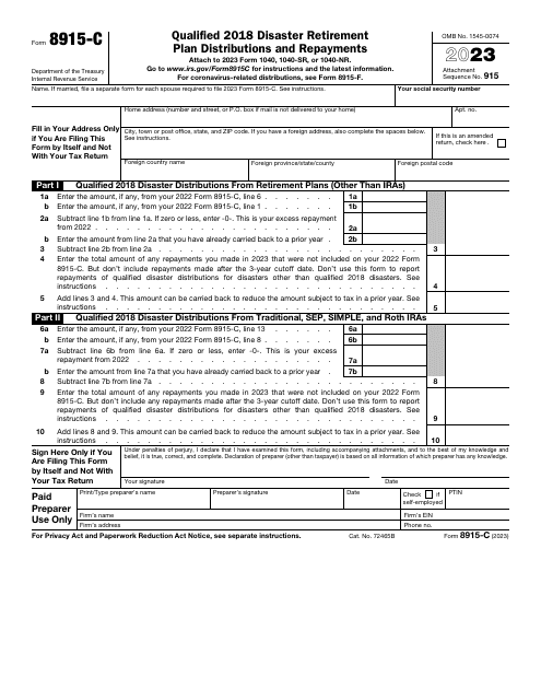 IRS Form 8915-C Qualified 2018 Disaster Retirement Plan Distributions and Repayments, 2023