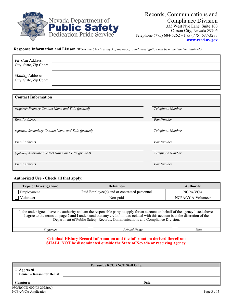 Form 0505RCCD-002 Ncpa / Vca Application - Nevada, Page 3