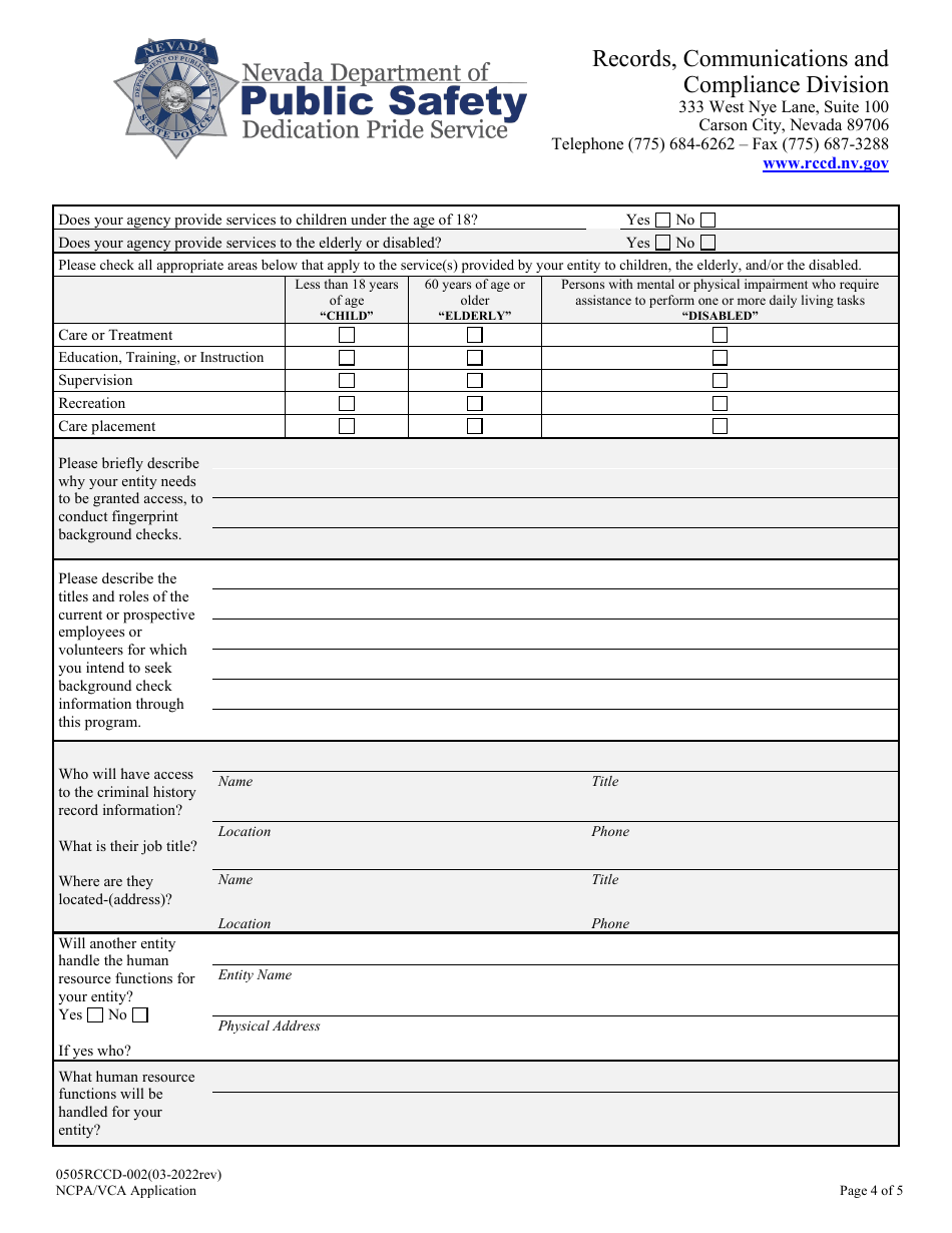 Form 0505RCCD-002 Ncpa / Vca Application - Nevada, Page 4
