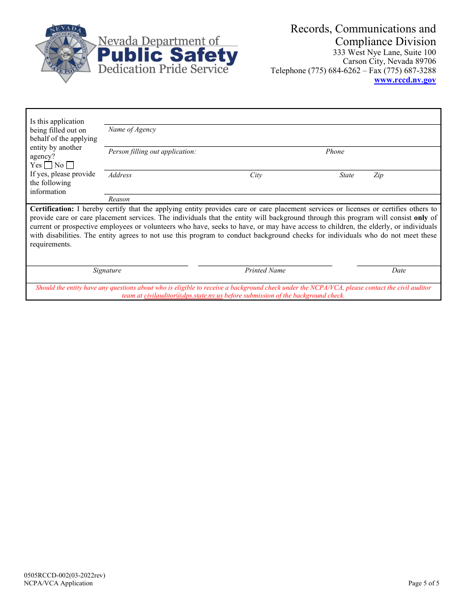 Form 0505RCCD-002 Ncpa / Vca Application - Nevada, Page 5