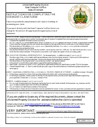 Document preview: Claim to State of Vermont Property Presumed Unclaimed - Vermont