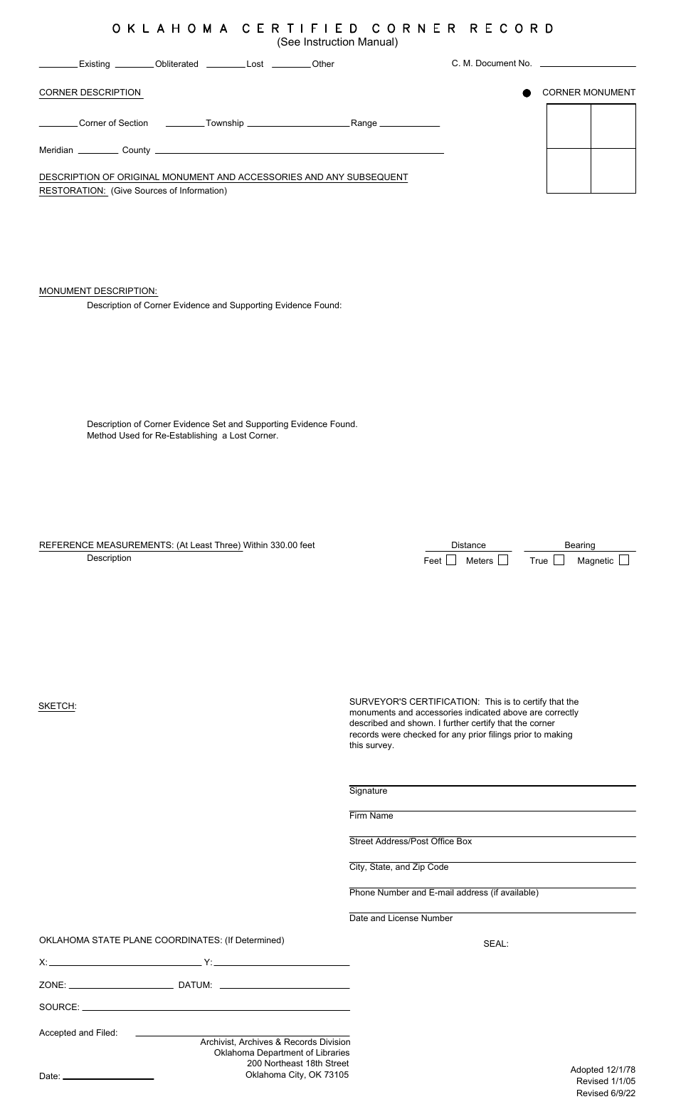 Certified Corner Record Form - Oklahoma, Page 1