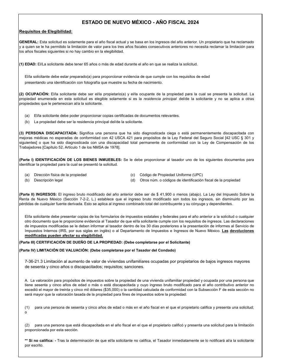 Solicitud-Limitacion De Aumento De Valor Para Viviendas Unifamiliares Ocupadas Por Propietarios De Bajos Ingresos De 65 Anos De Edad O Mayores O Discapacitados - New Mexico (Spanish), Page 2