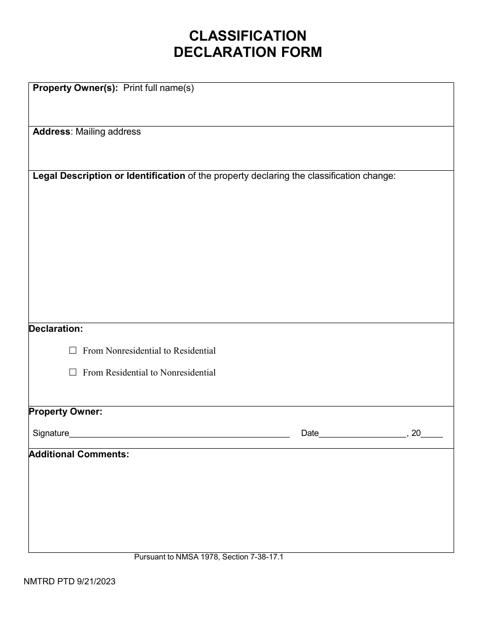 Classification Declaration Form - New Mexico, Page 1