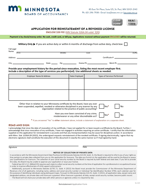 Application for Reinstatement of a Revoked License - Minnesota Download Pdf