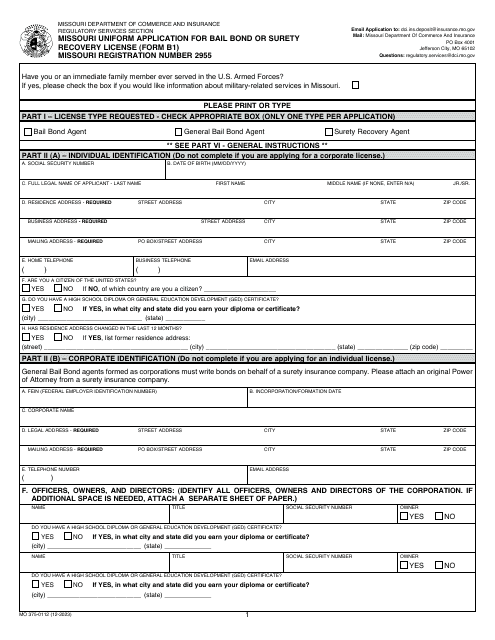 Form B1 (MO375-0112) Missouri Uniform Application for Bail Bond or Surety Recovery License - Missouri