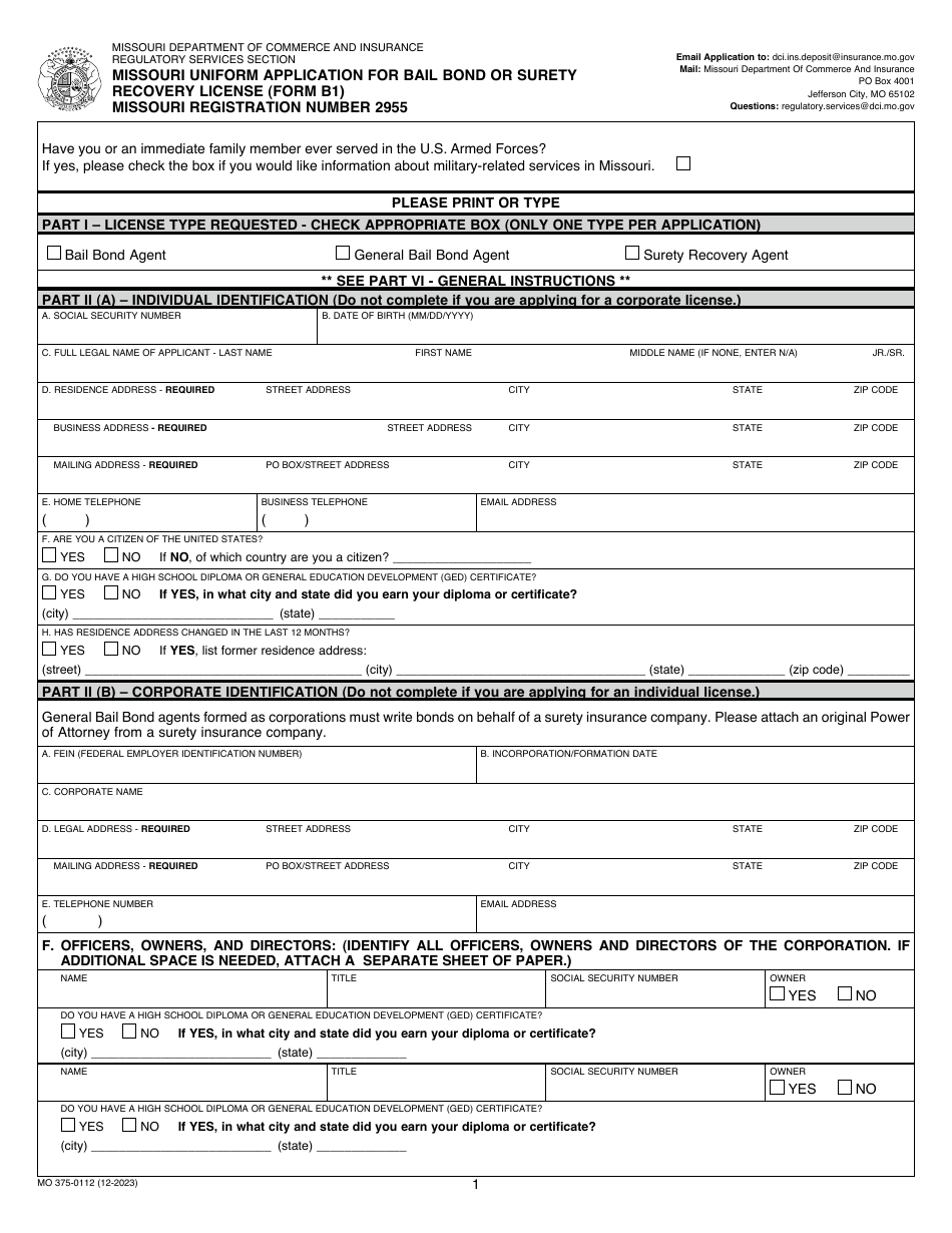 Form B1 (MO375-0112) Missouri Uniform Application for Bail Bond or Surety Recovery License - Missouri, Page 1