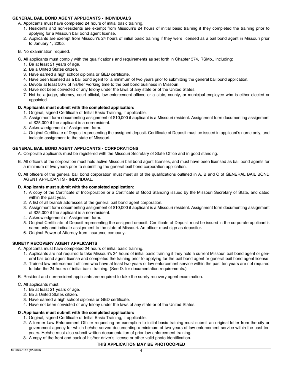 Form B1 (MO375-0112) Missouri Uniform Application for Bail Bond or Surety Recovery License - Missouri, Page 4