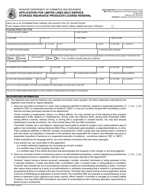 Form MO375-0999 Application for Limited Lines Self-service Storage Insurance Producer License Renewal - Missouri