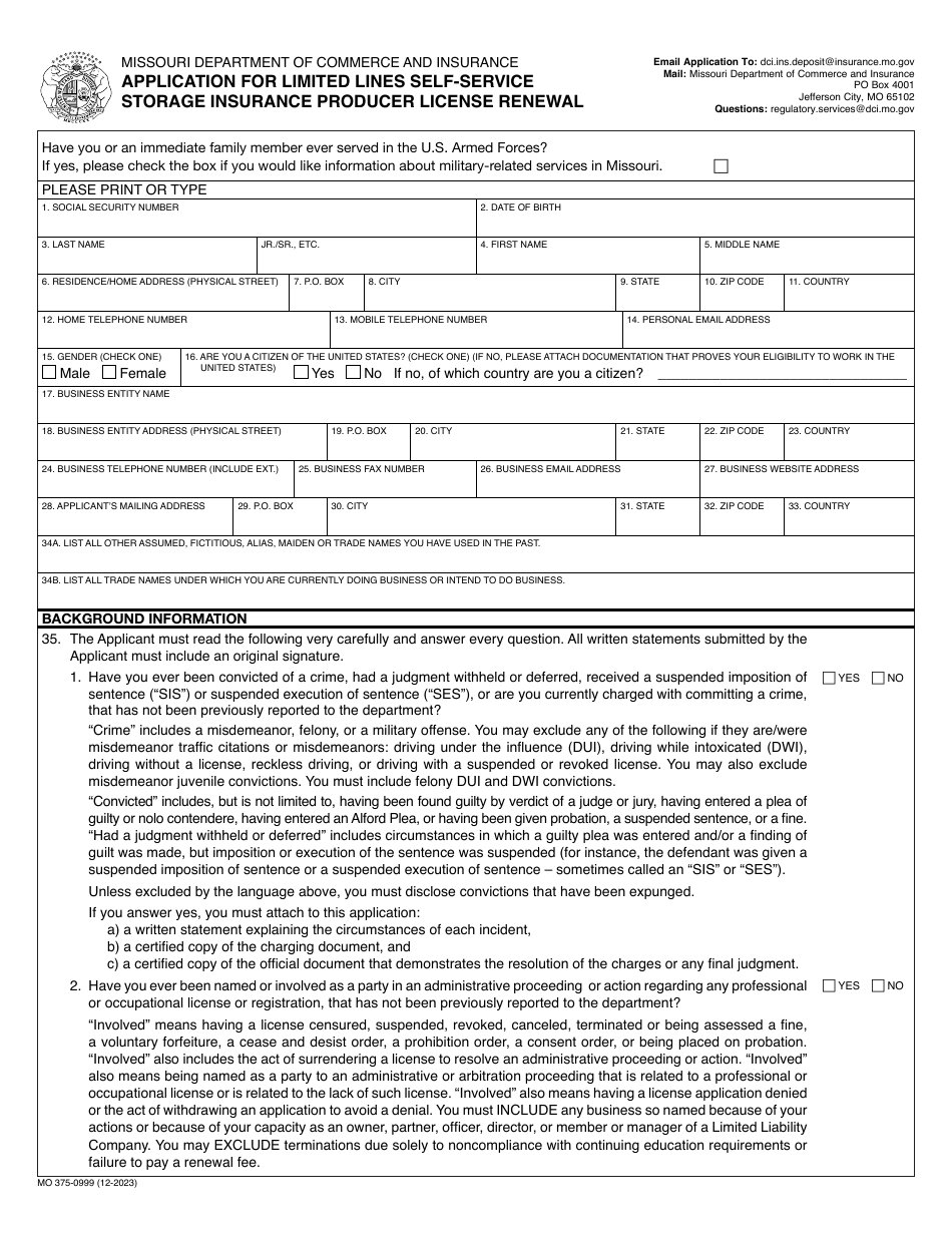 Form MO375-0999 Application for Limited Lines Self-service Storage Insurance Producer License Renewal - Missouri, Page 1