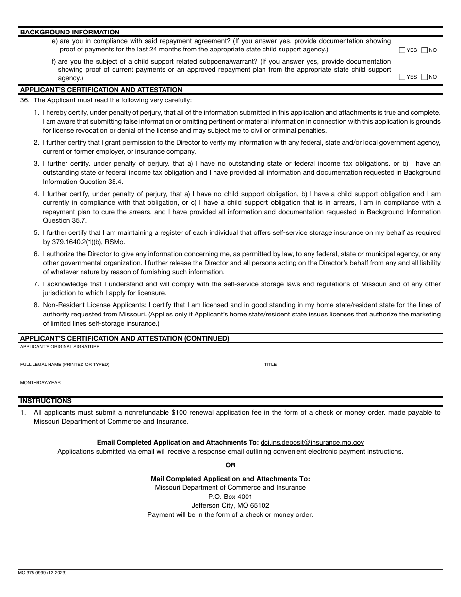 Form MO375-0999 Application for Limited Lines Self-service Storage Insurance Producer License Renewal - Missouri, Page 3