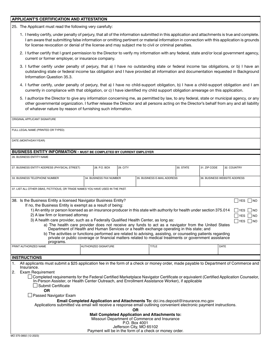 Form MO375-0892 Application for Navigator License - Missouri, Page 3