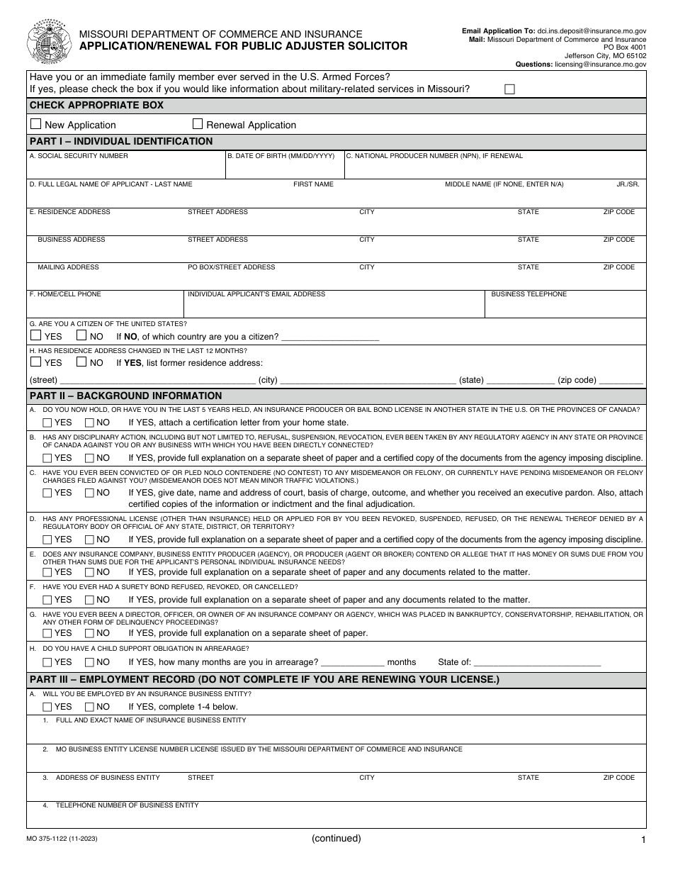 Form MO375-1122 Application / Renewal for Public Adjuster Solicitor - Missouri, Page 1