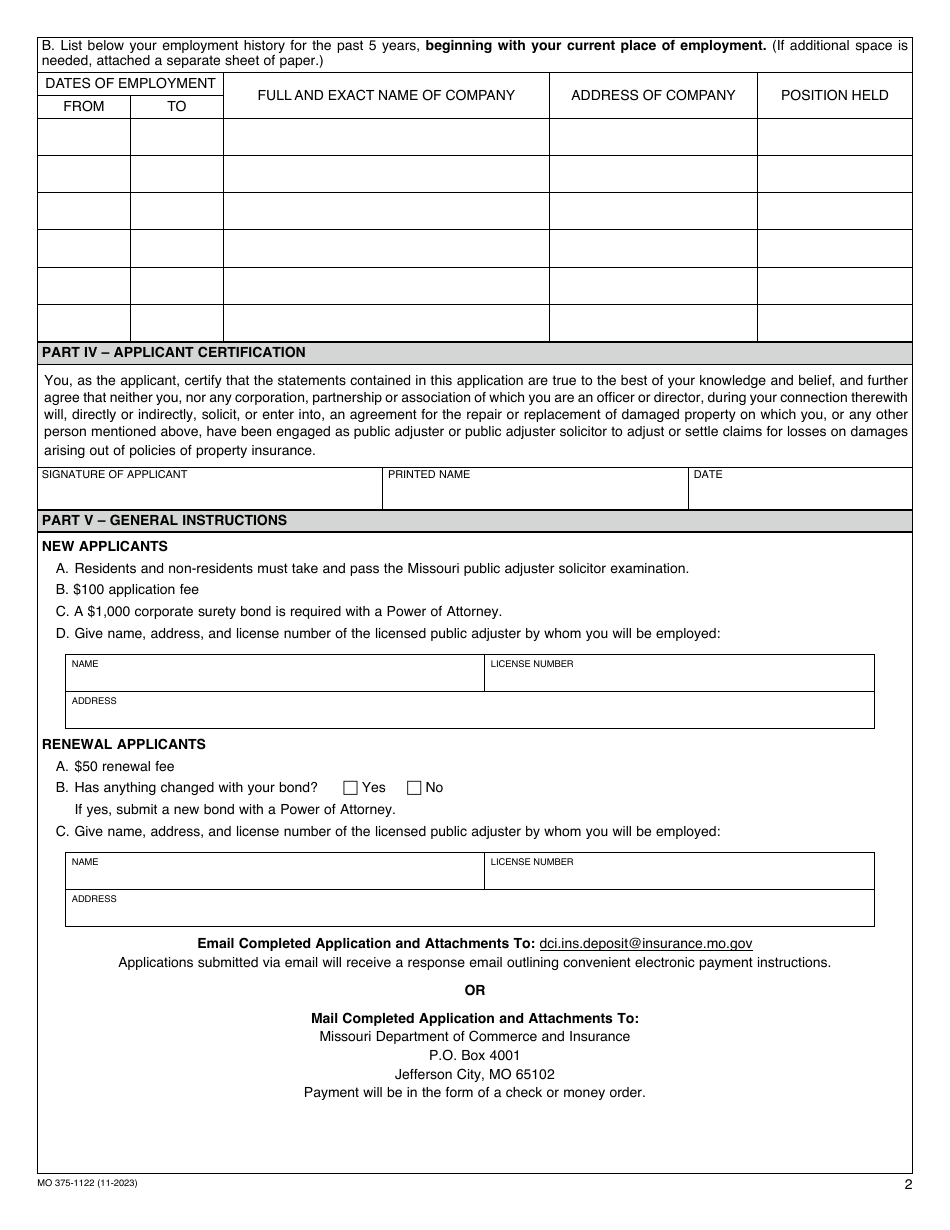 Form MO375-1122 Application / Renewal for Public Adjuster Solicitor - Missouri, Page 2