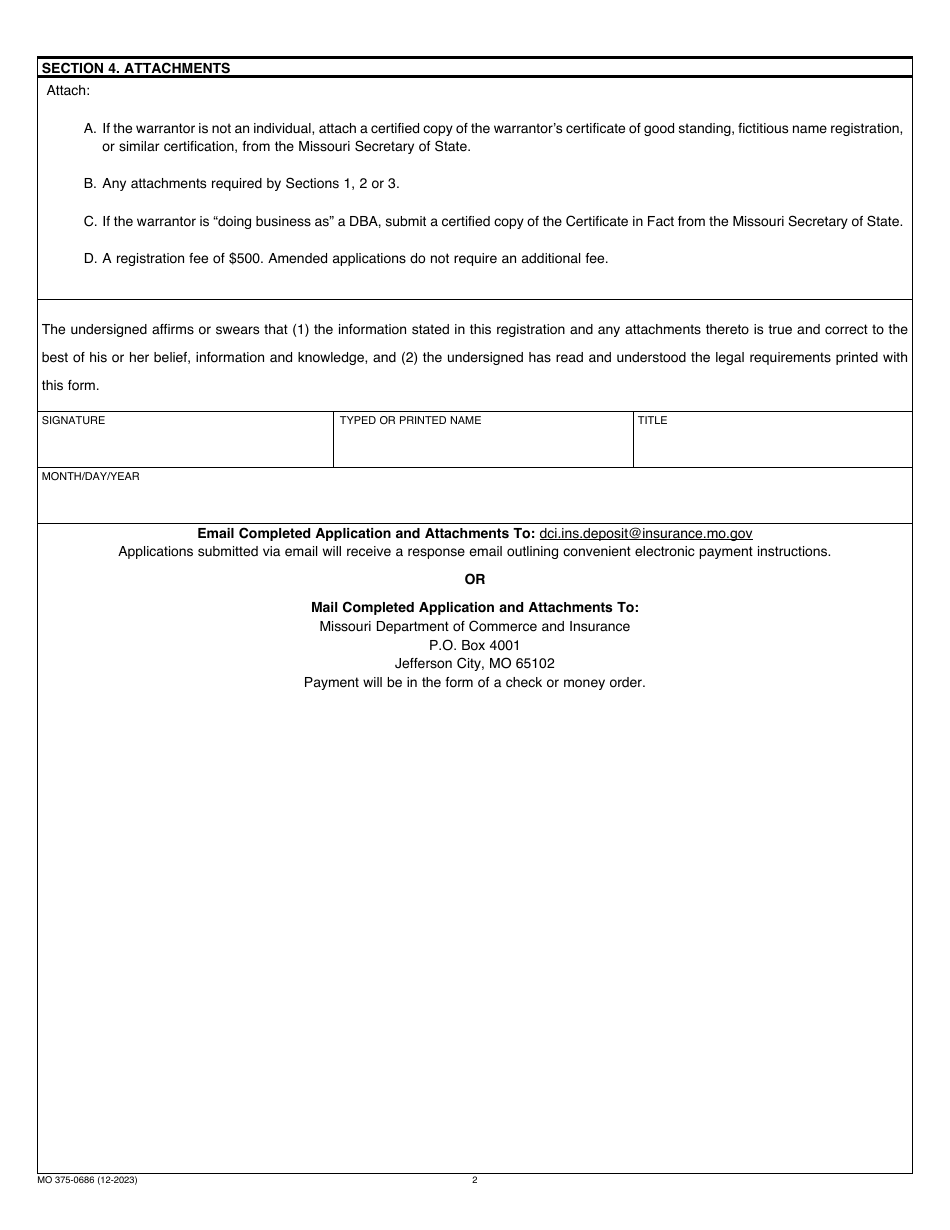 Form MO375-0686 Vehicle Protection Product Warrantor Registration - Missouri, Page 2