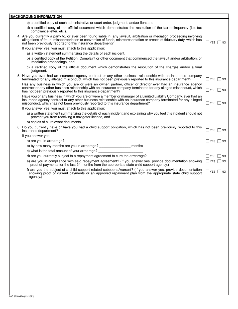 Form MO375-0976 Application for Navigator License Renewal - Missouri, Page 2