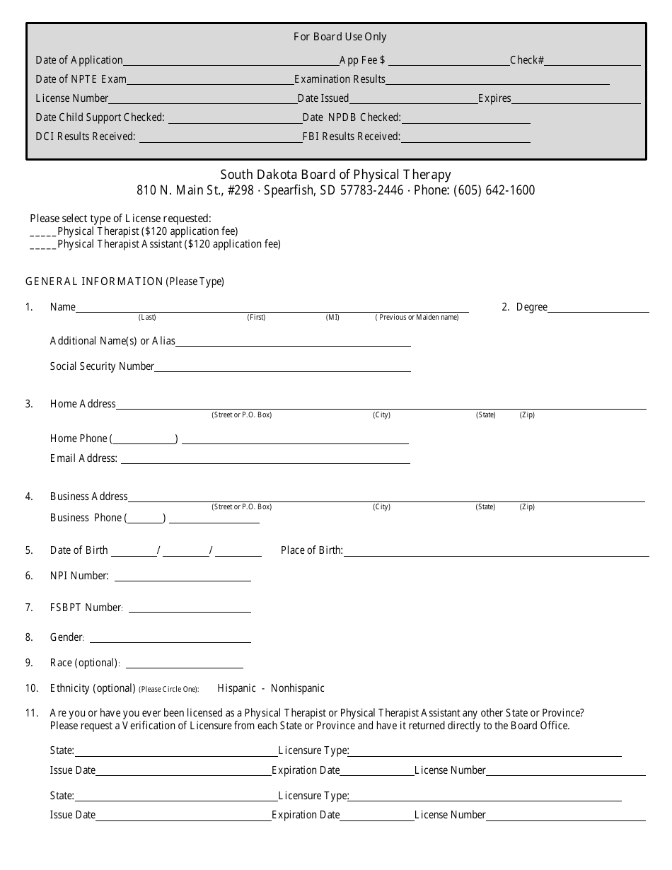 Physical Therapy License Application - South Dakota, Page 1