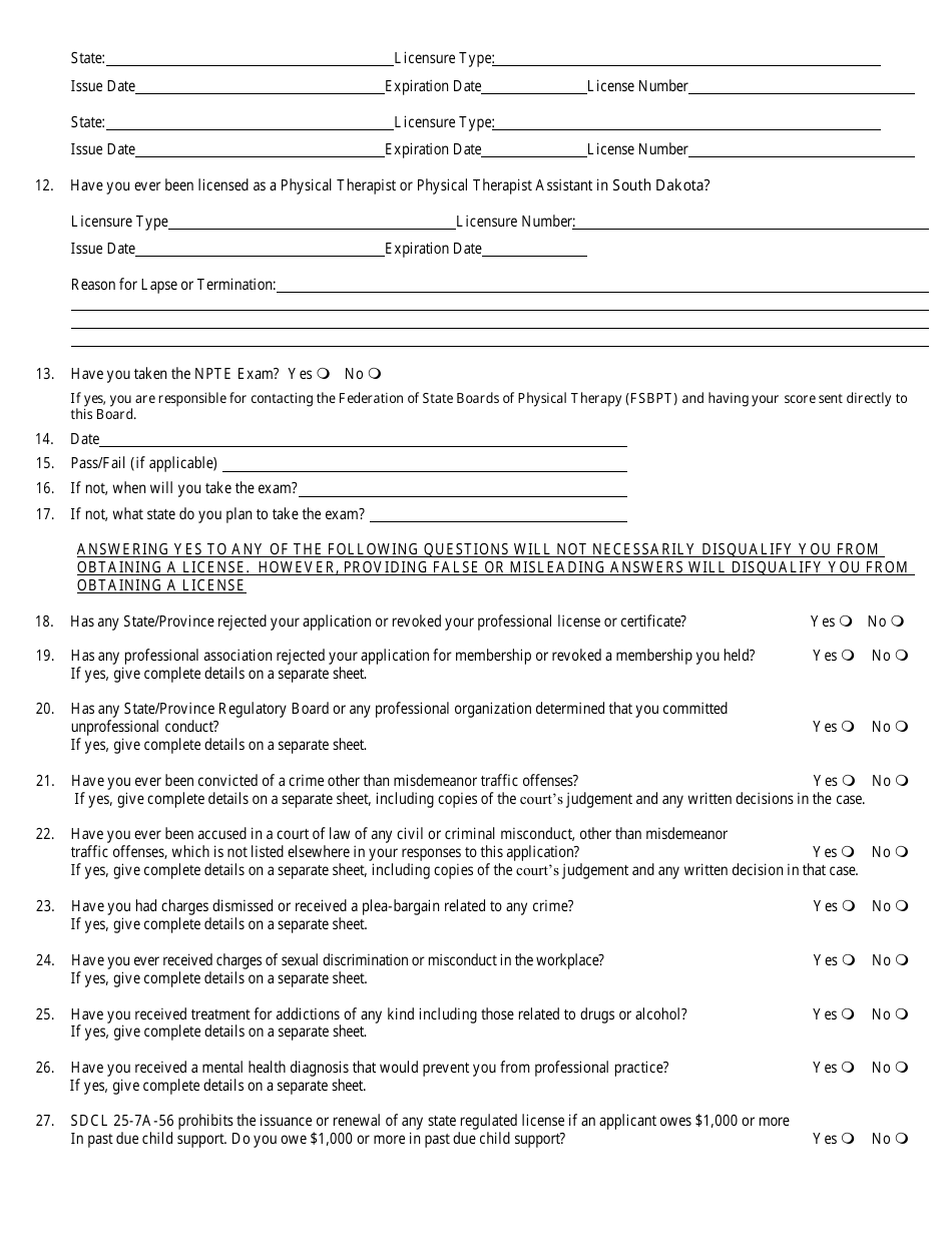 Physical Therapy License Application - South Dakota, Page 2