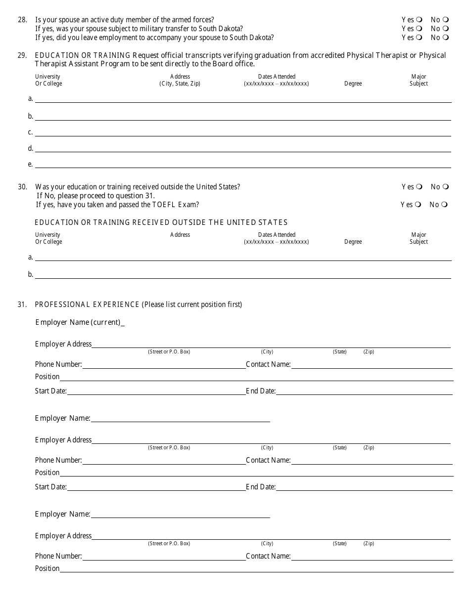 Physical Therapy License Application - South Dakota, Page 3