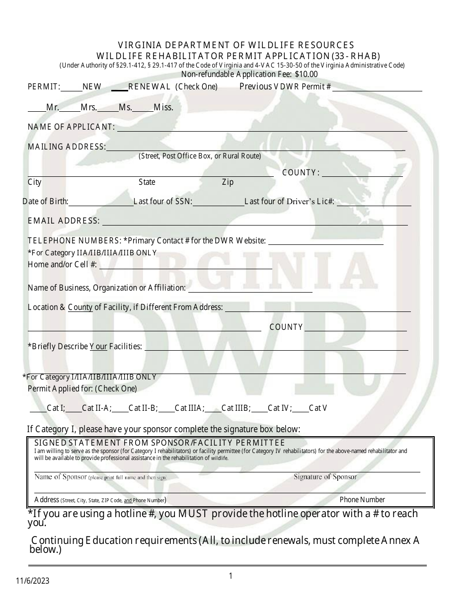 Wildlife Rehabilitator Permit Application (33 - Rhab) - Virginia, Page 1