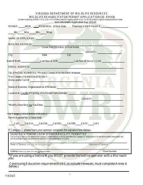 Wildlife Rehabilitator Permit Application (33 - Rhab) - Virginia Download Pdf