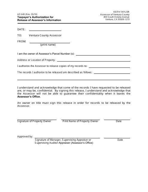 Form AO640 Taxpayer's Authorization for Release of Assessor's Information - County of Ventura, California