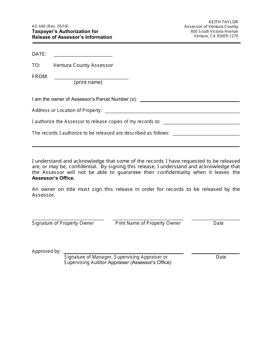 Form AO640 Taxpayers Authorization for Release of Assessors Information - County of Ventura, California, Page 1