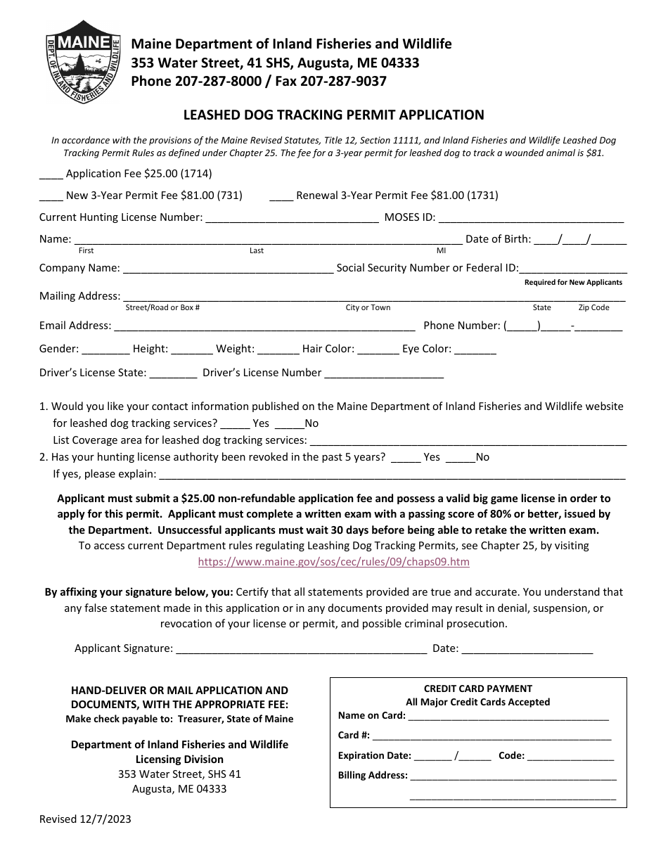 Leashed Dog Tracking Permit Application - Maine, Page 1