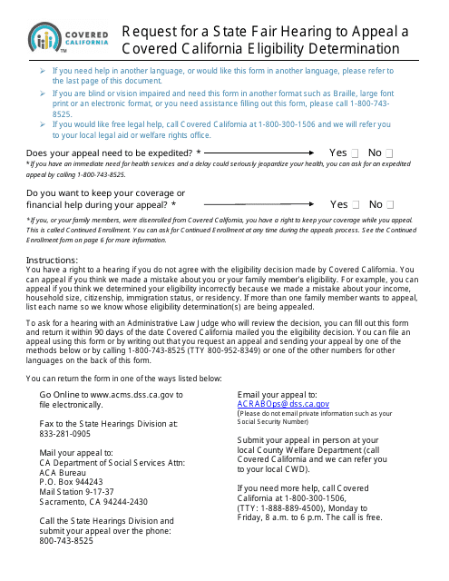 Request for a State Fair Hearing to Appeal a Covered California Eligibility Determination - California Download Pdf